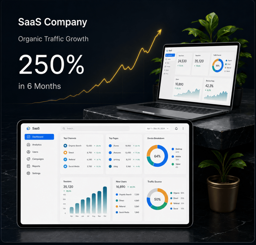 SaaS company growth case study showing 250% organic traffic growth in 6 months