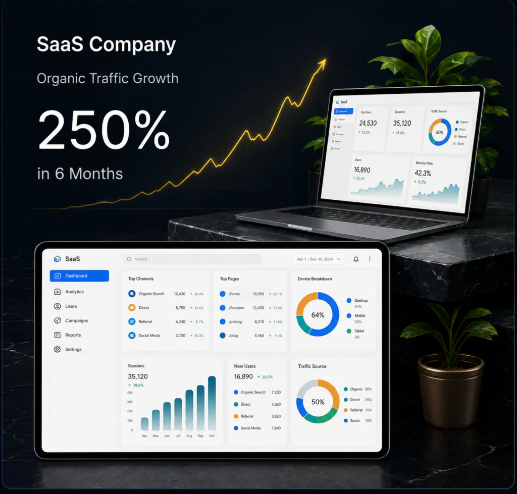 SaaS company growth case study showing 250% organic traffic growth in 6 months