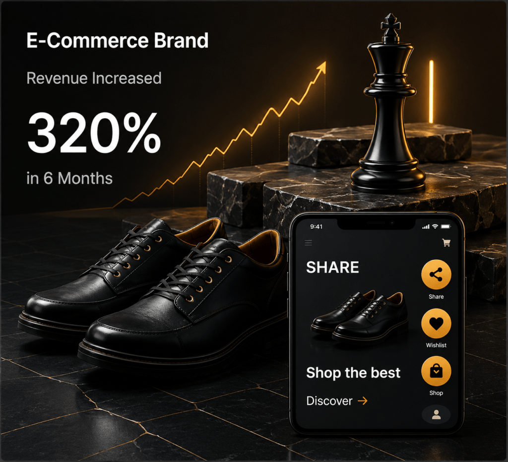 E-commerce brand growth case study showing 320% revenue increase in 6 months Performance marketing agency
