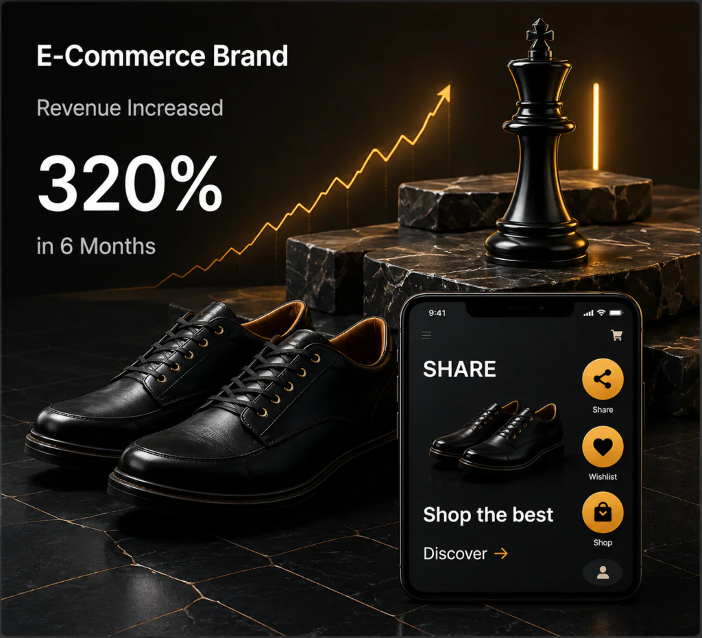 E-commerce brand growth case study showing 320% revenue increase in 6 months Performance marketing agency